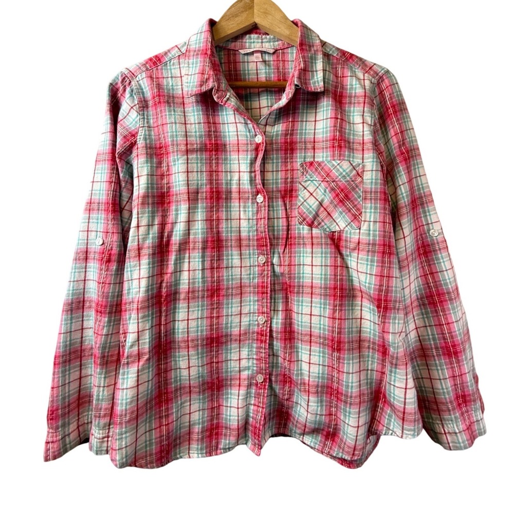 Victoria's Secret Plaid Flannel Button Up‎ Shirt L Pink Teal White Long Sleeve